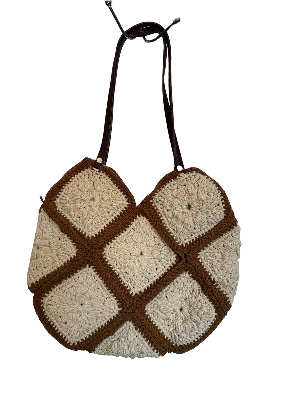 Handmade Crochet Purse Granny Square Knitted Shoulder Bag Brown Cream Granola